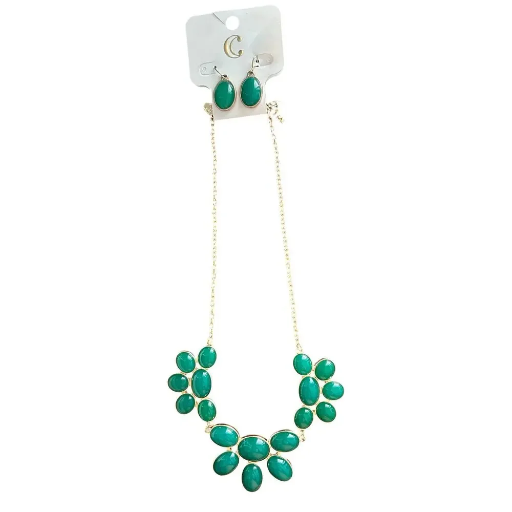 Charming Charlie Teal Cabochon Statement Necklace & Matching Earrings Set - NWT